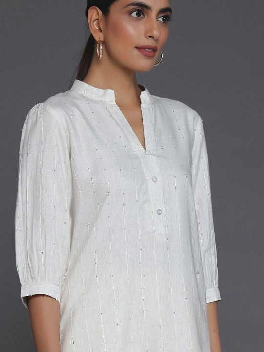 Striped Mandarin Collar Cuffed Sleeves Sequined Straight Kurti