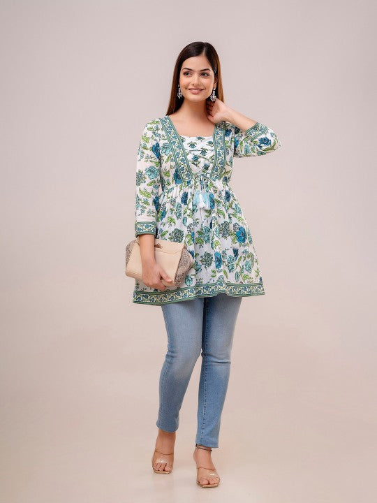 Floral Printed Square Neck Thread Work Pure Cotton A-line Kurti