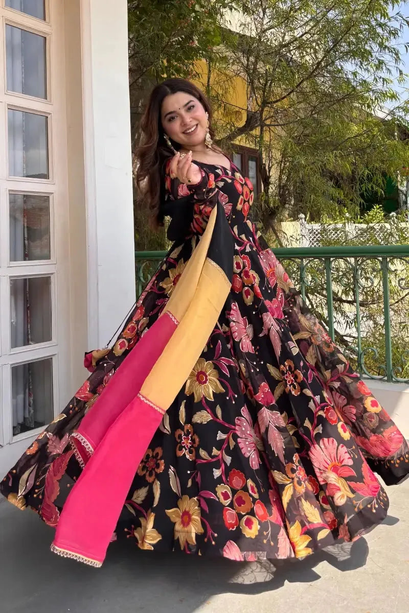 Floral Organza Anarkali Set with Dupatta
