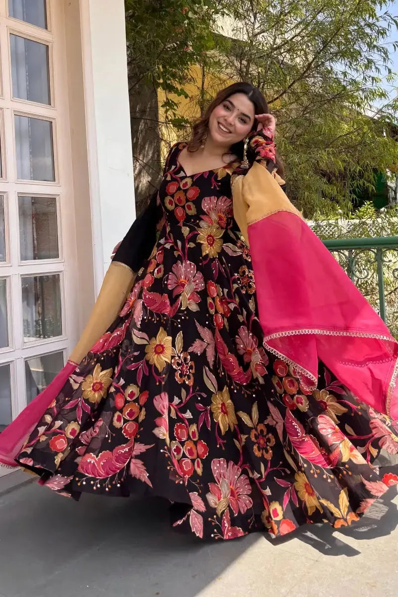 Floral Organza Anarkali Set with Dupatta