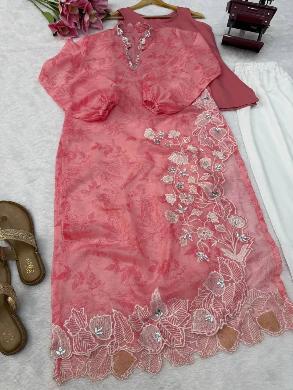 Blush Pink Organza Shrug Kurta Pant Set