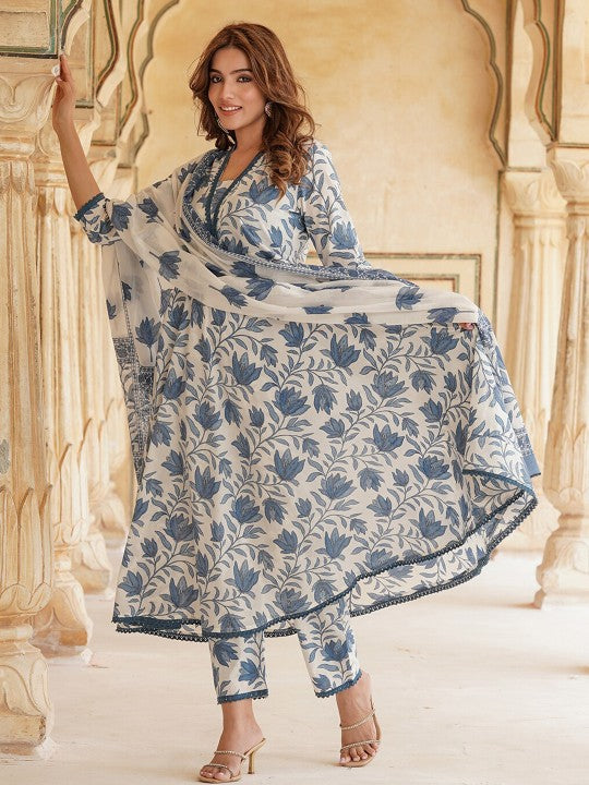 Floral Printed Anarkali Pure Cotton Kurta with Trousers & With Dupatta