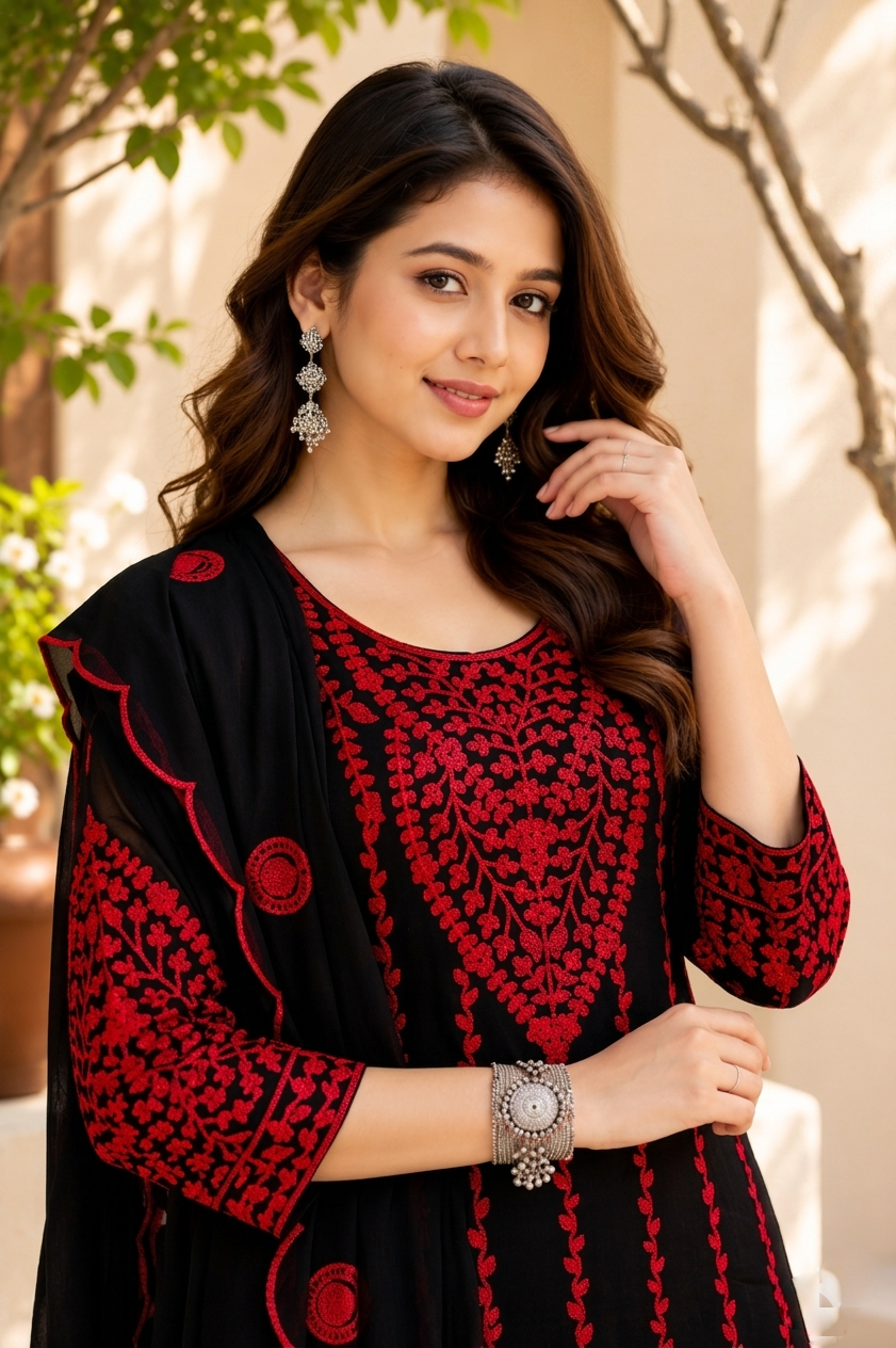 Black Embroidered Kurta With Red Floral Aari Work And Matching Pants