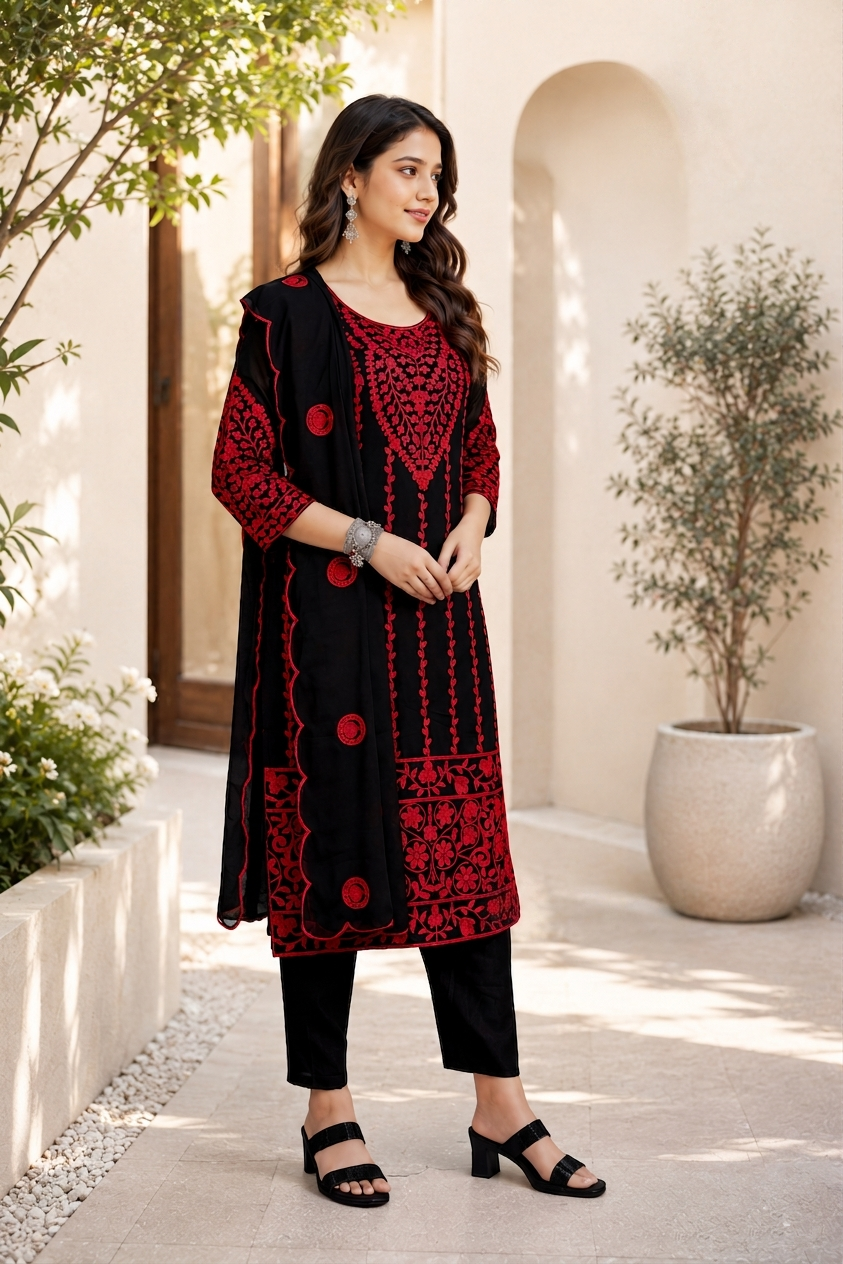 Black Embroidered Kurta With Red Floral Aari Work And Matching Pants