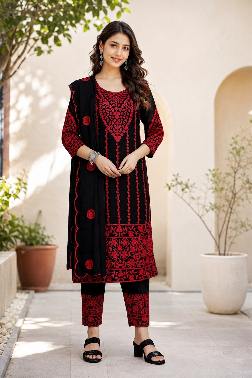 Black Embroidered Kurta With Red Floral Aari Work And Matching Pants