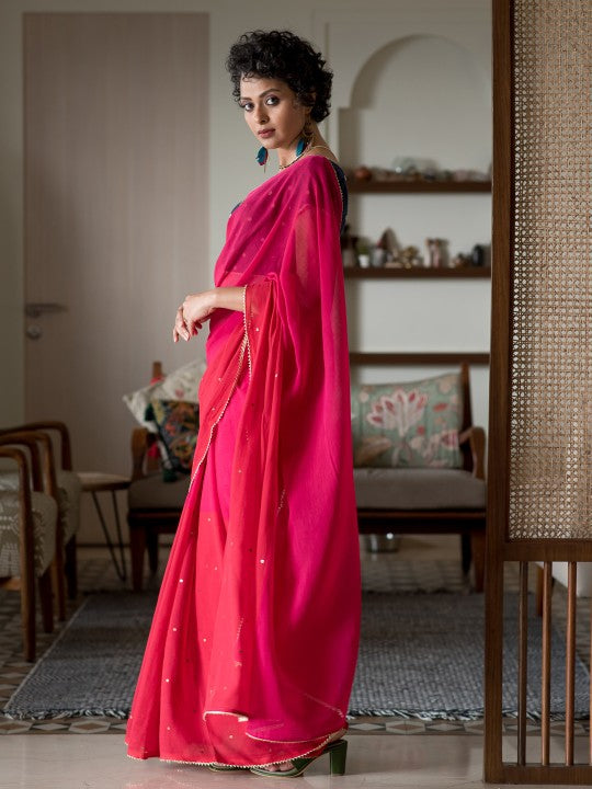 Pink Ombre Sequinned Pure Cotton Saree