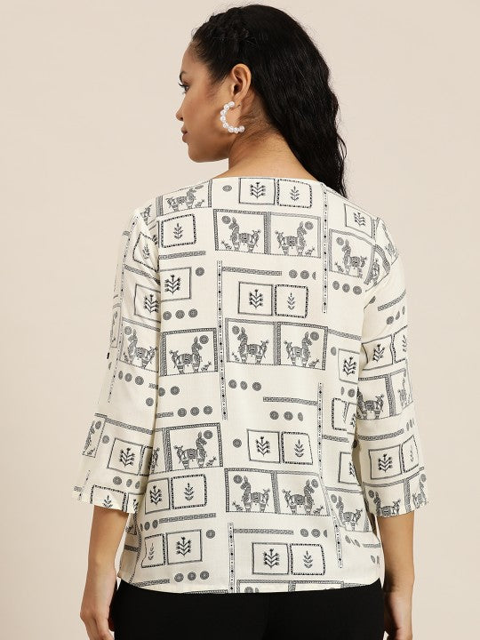 Ethnic Motifs Printed Mandarin Collar Bohemian Top