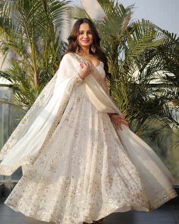 Off White Embroidered Faux Georgette Anarkali Suit Set