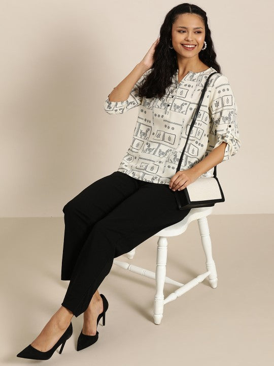 Ethnic Motifs Printed Mandarin Collar Bohemian Top