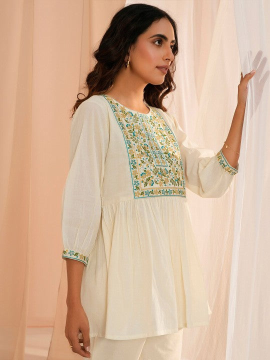 Floral Embroidered Thread Work Pure Cotton A-Line Kurti