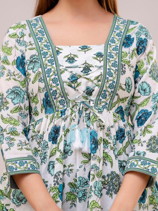 Floral Printed Square Neck Thread Work Pure Cotton A-line Kurti