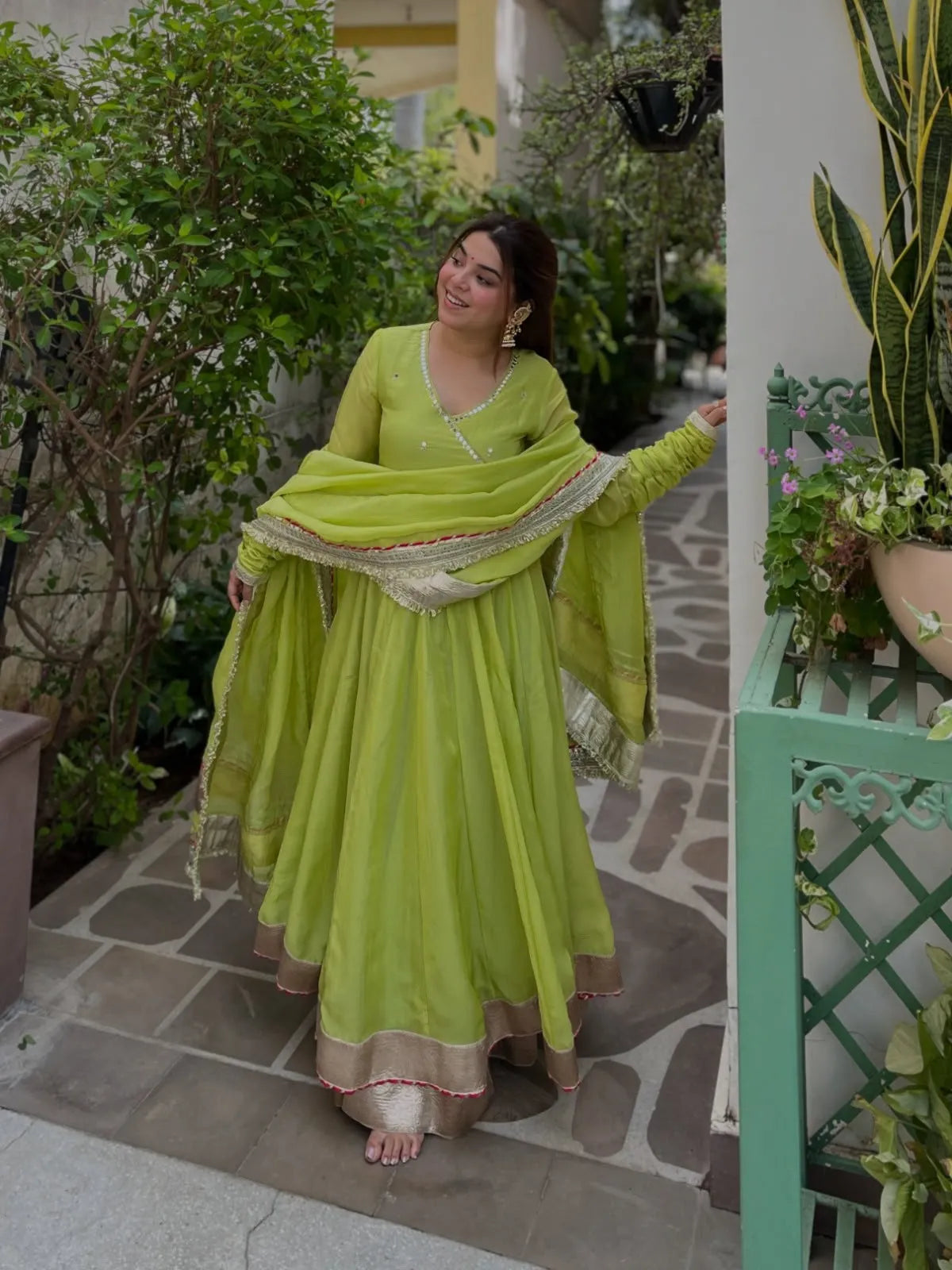 Lime Green Organza Silk Anarkali Set with Dupatta
