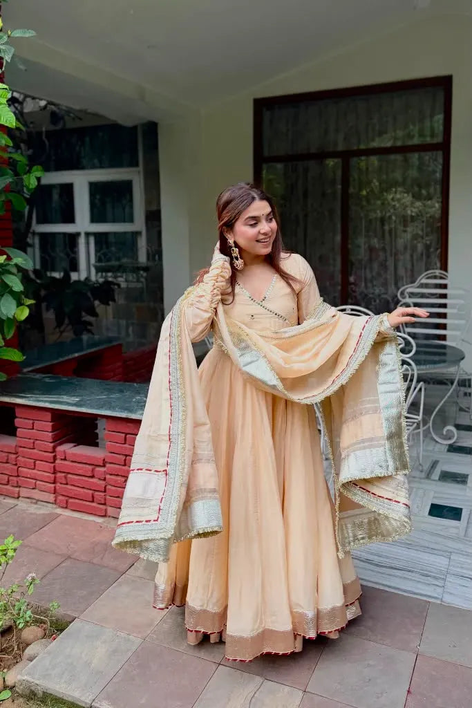Peach Organza Silk Anarkali Set with Dupatta