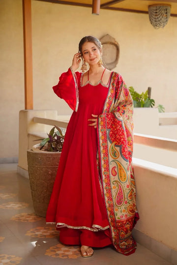 Red Tabby Silk Anarkali Palazzo Set with Printed Dupatta