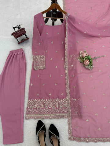 Dusty Rose Georgette Embroidered Kurta Pant Set