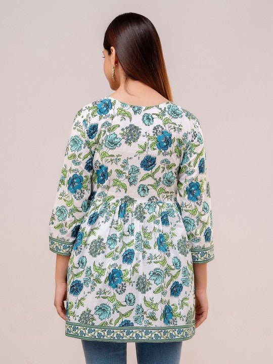 Floral Printed Square Neck Thread Work Pure Cotton A-line Kurti