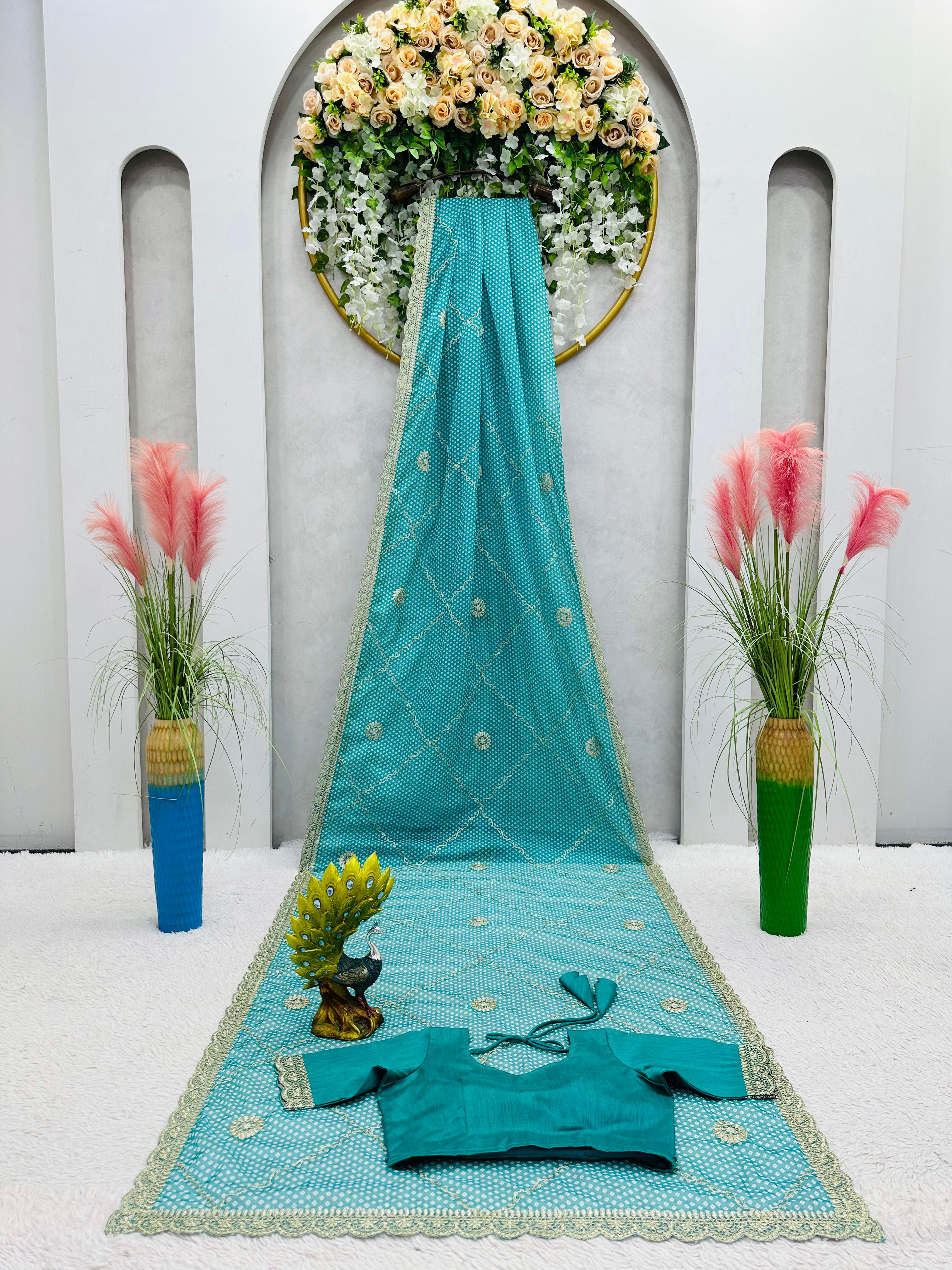 Beautiful Designer Saree on Tebby Silk Febric with Digital Print & Coding with Thred work and Blouse