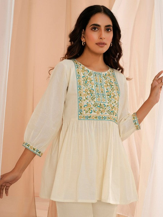 Floral Embroidered Thread Work Pure Cotton A-Line Kurti