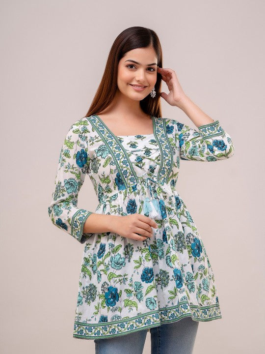 Floral Printed Square Neck Thread Work Pure Cotton A-line Kurti