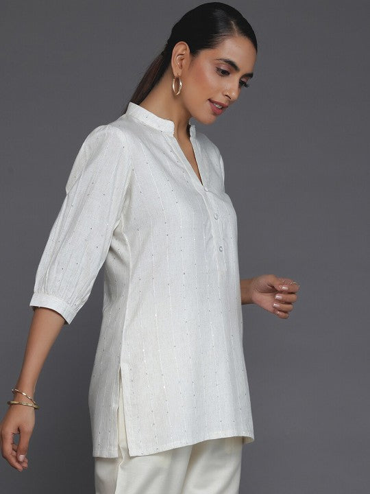 Striped Mandarin Collar Cuffed Sleeves Sequined Straight Kurti