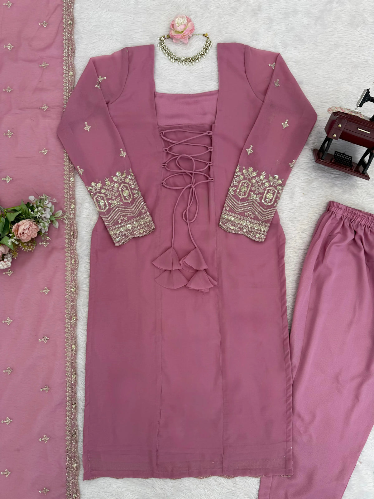 Dusty Rose Georgette Embroidered Kurta Pant Set