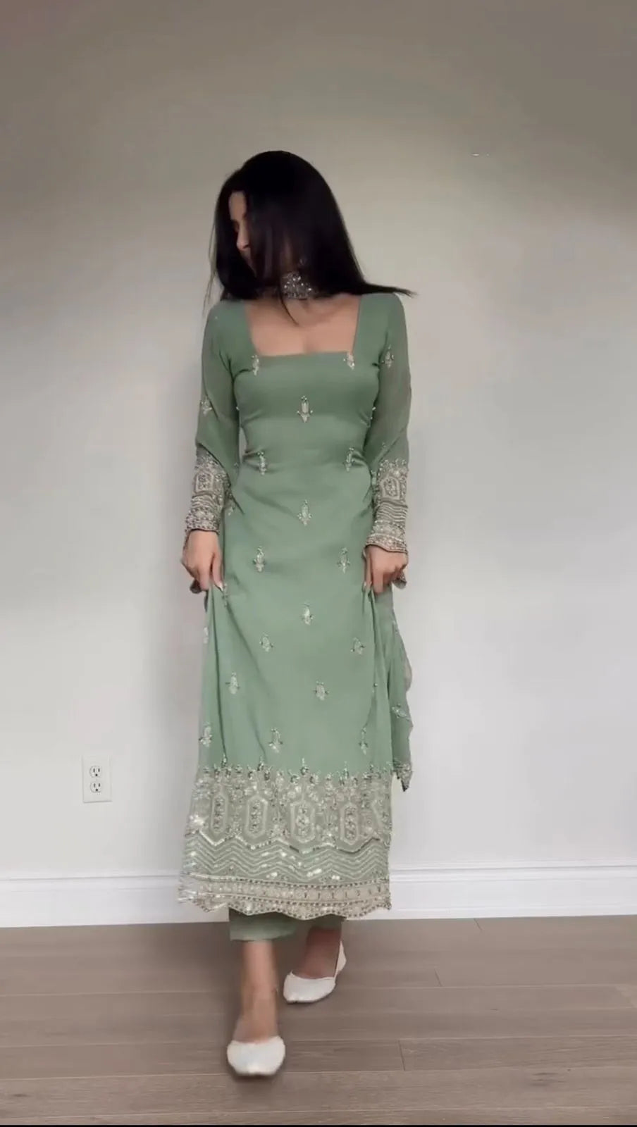 Mint Green Georgette Embroidered Kurta Pant Set