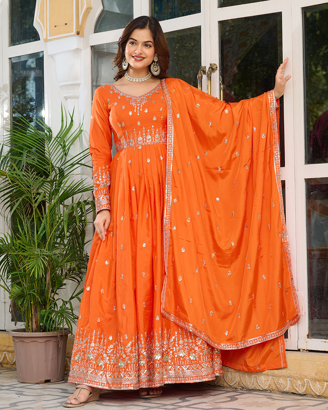 Women Orange Embellished Anarkali Kurta Suit Set