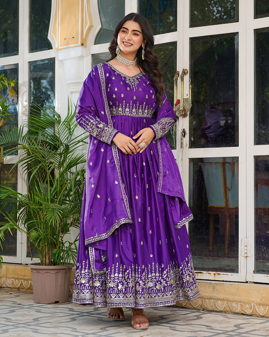 Women Purple Embellished Anarkali Kurta Suit Set