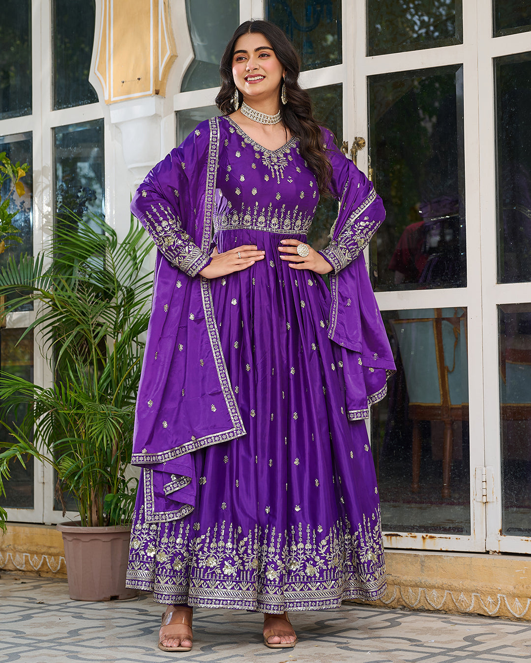 Women Purple Embellished Anarkali Kurta Suit Set
