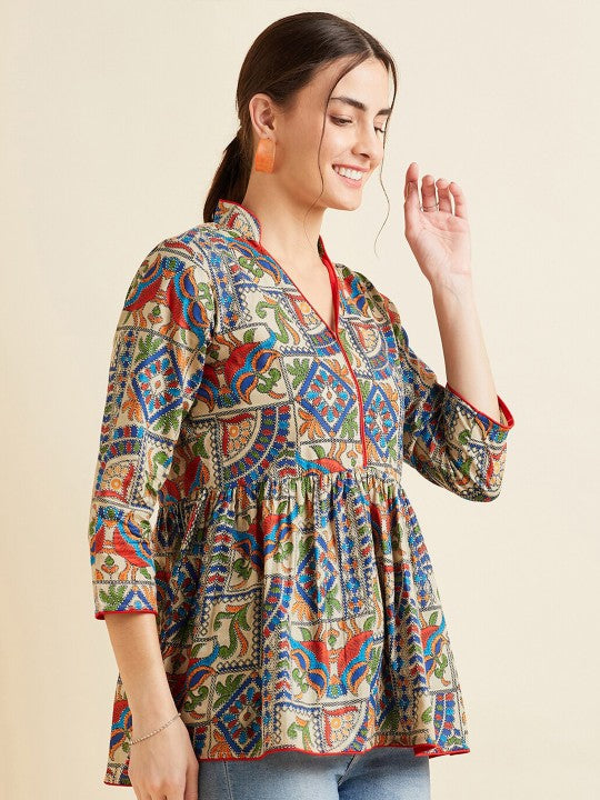 Beige & Red Ethnic Motifs Printed Kalamkari Empire Anarkali Pure Cotton Kurti