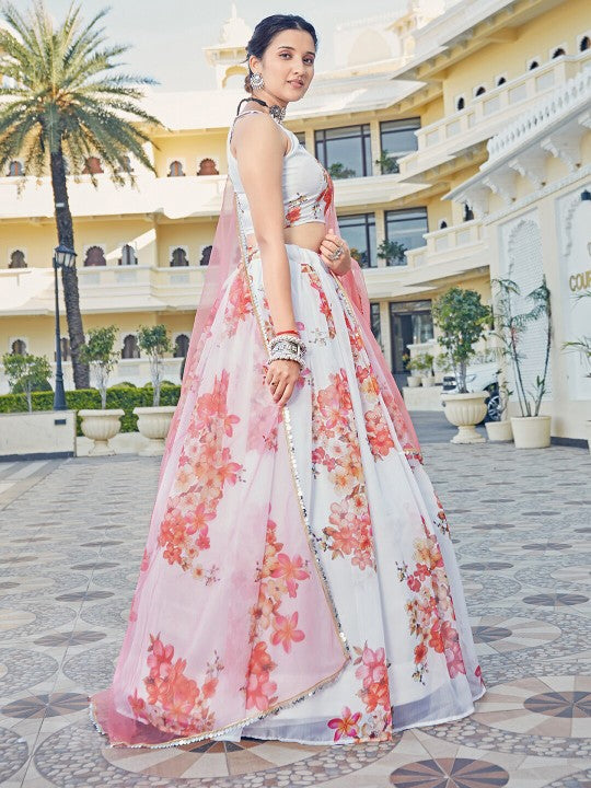 White & Pink Printed Sequinned Semi-Stitched Lehenga & Unstitched Blouse With Dupatta