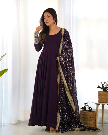 Wine Faux Georgette Anarkali Gown Set