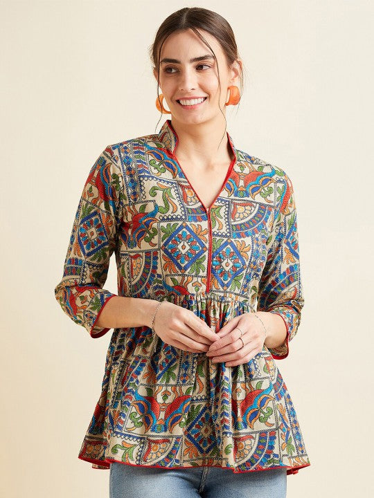 Beige & Red Ethnic Motifs Printed Kalamkari Empire Anarkali Pure Cotton Kurti