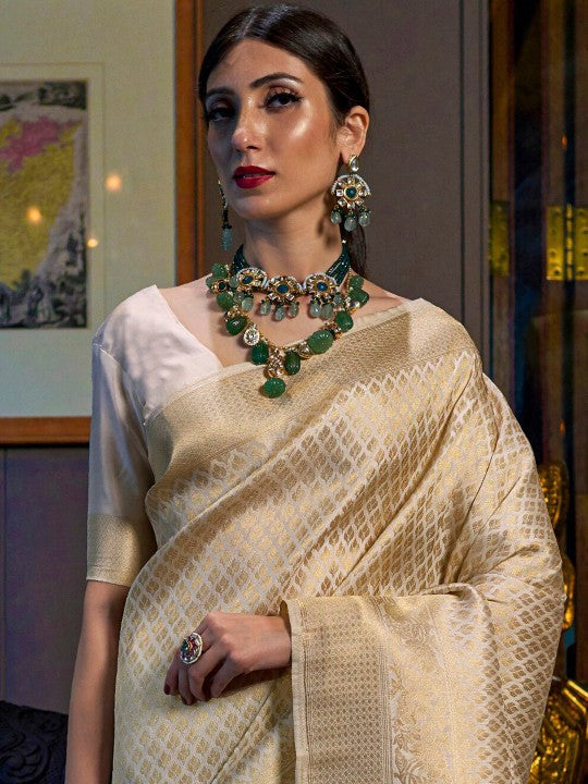 Cream-Coloured & Gold-Toned Ethnic Motifs Zari Silk Blend Kanjeevaram Saree