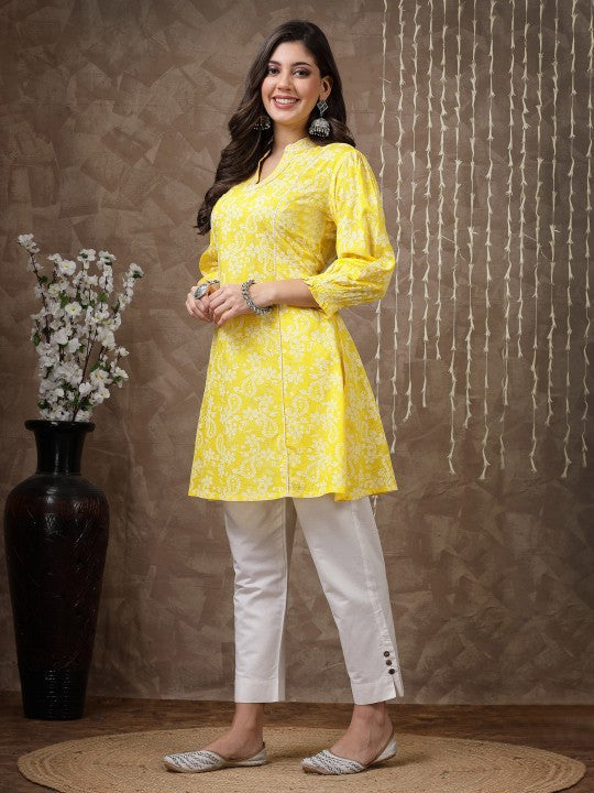 Yellow Floral Printed Thread Work Thread Work Kurti