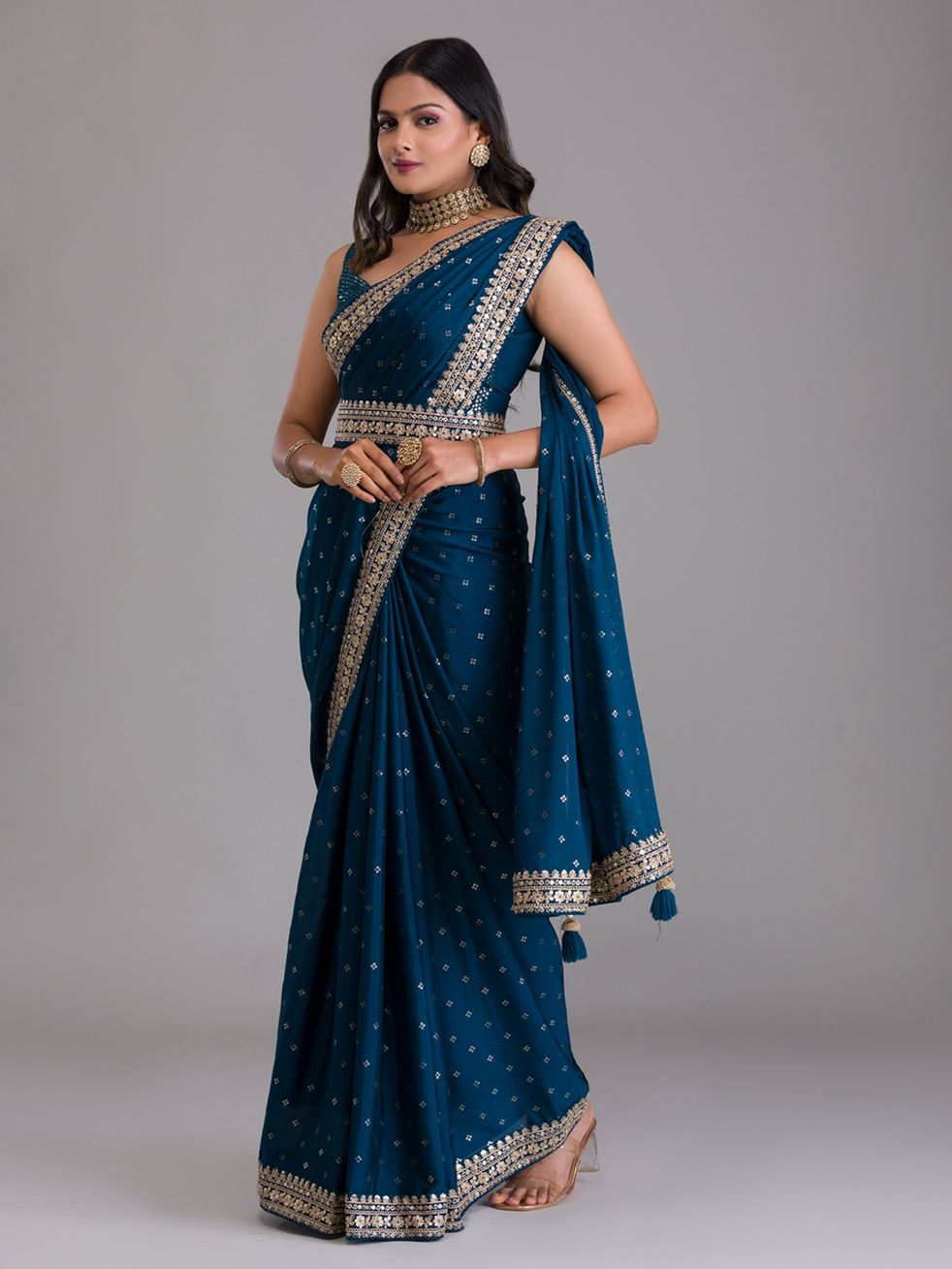 Exclusive Beautiful Peacock Blue Color Silk Saree with Zari embroidery with sequins work Sari