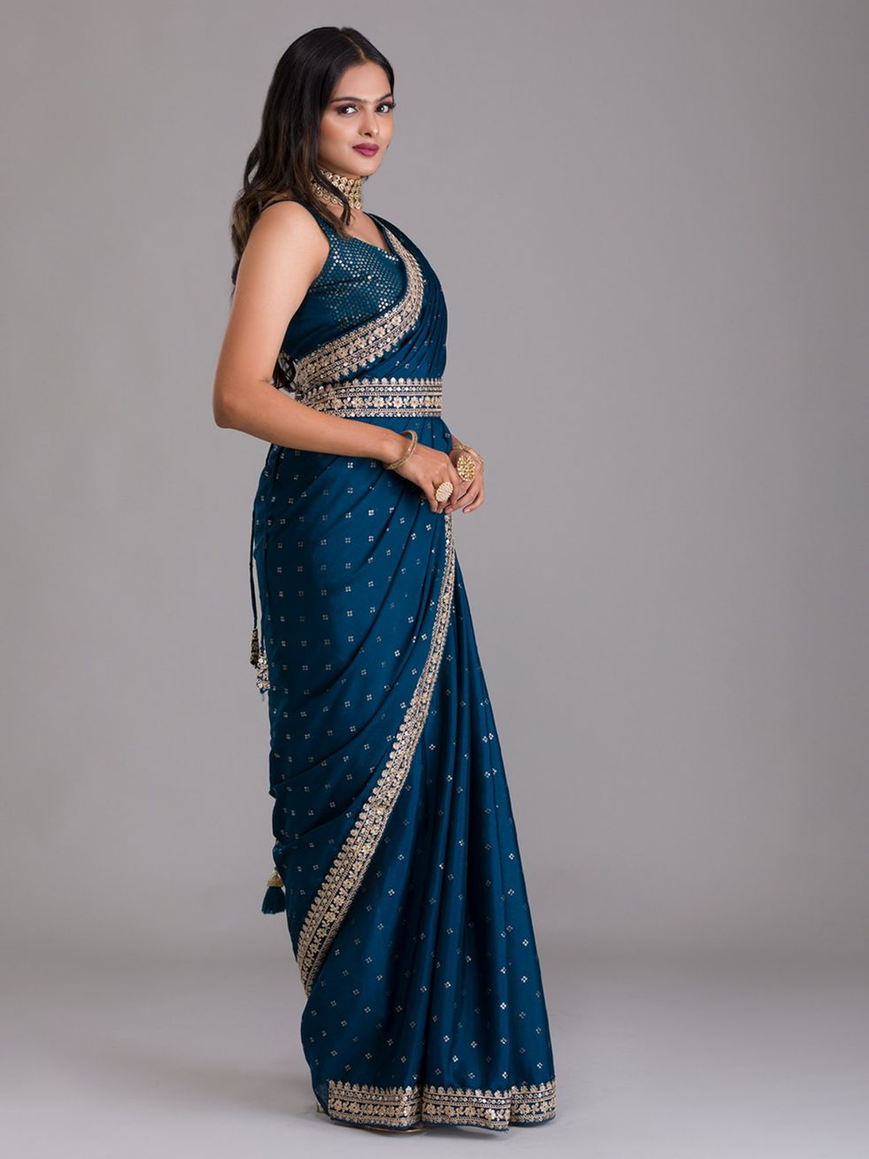 Exclusive Beautiful Peacock Blue Color Silk Saree with Zari embroidery with sequins work Sari