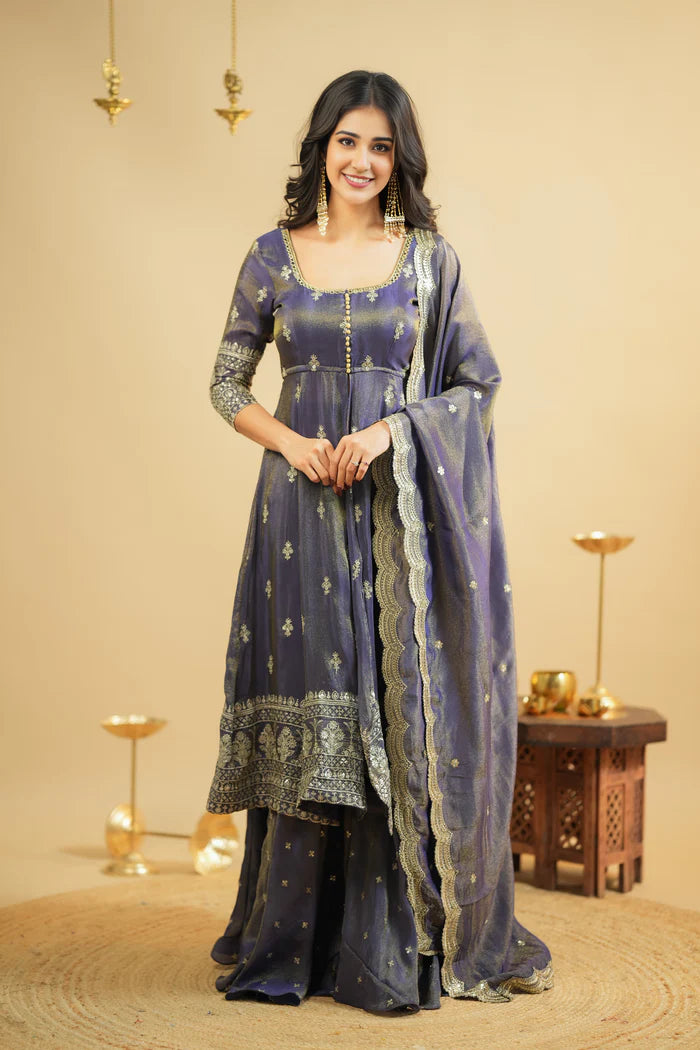 Saakshi`s Grey Cosmo Slik Anarkali Suit With Skirt