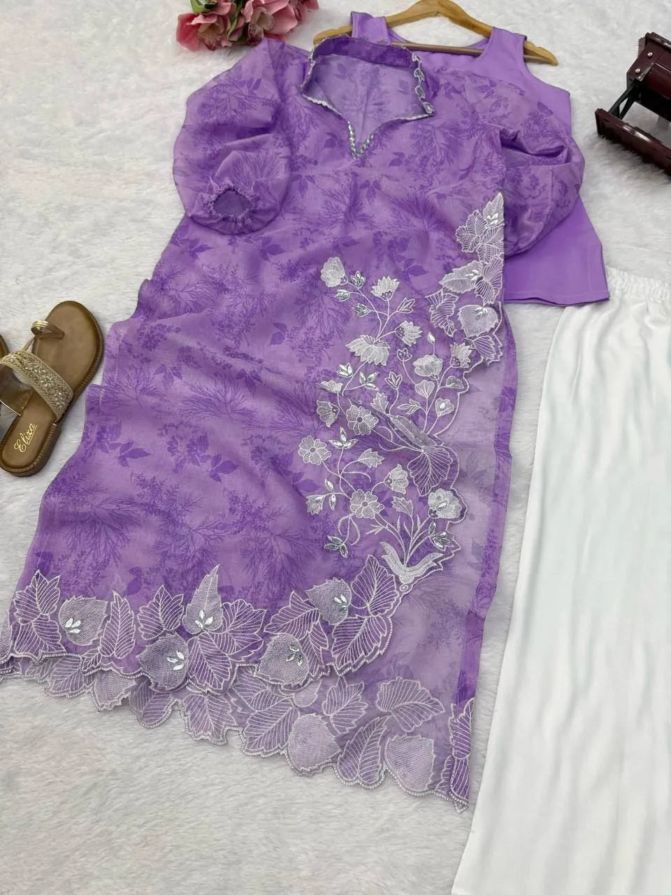 Purple Organza Shrug Kurta Pant Set