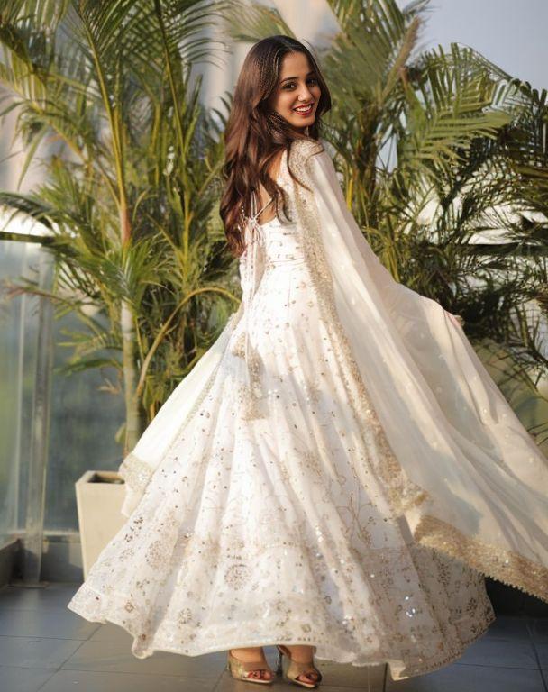 Off White Embroidered Faux Georgette Anarkali Suit Set