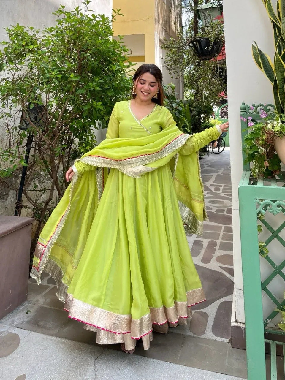 Lime Green Organza Silk Anarkali Set with Dupatta