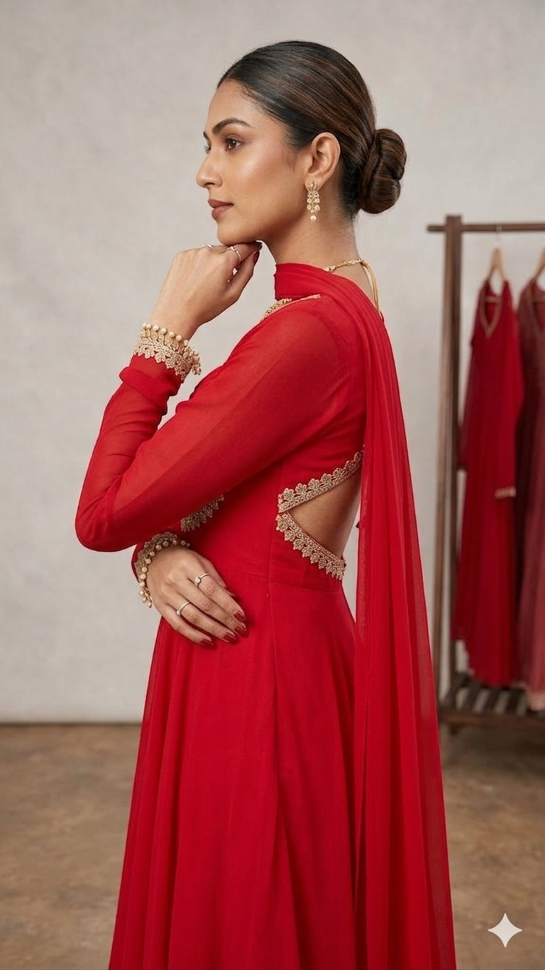 Red Embellished Anarkali Gown With Sheer Cape Sleeves