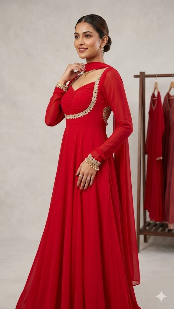 Red Embellished Anarkali Gown With Sheer Cape Sleeves