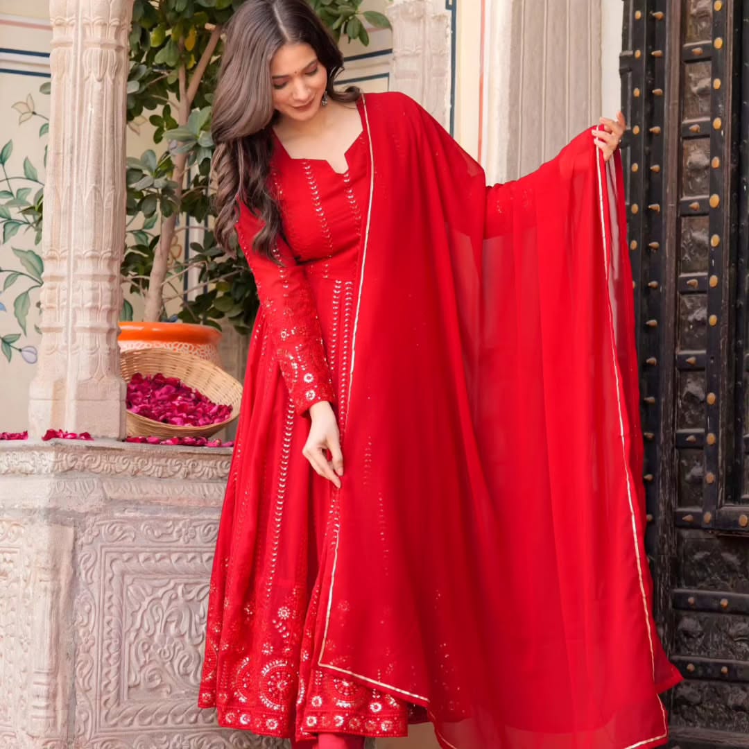 Mehrooni Red Georgette Embroidered Anarkali Suit Set