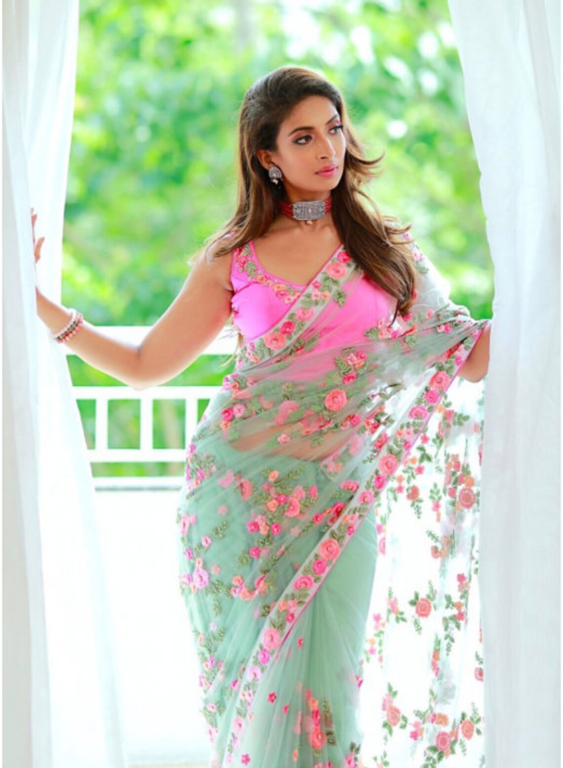 Sea green heavy nylon butterfly embroidered saree