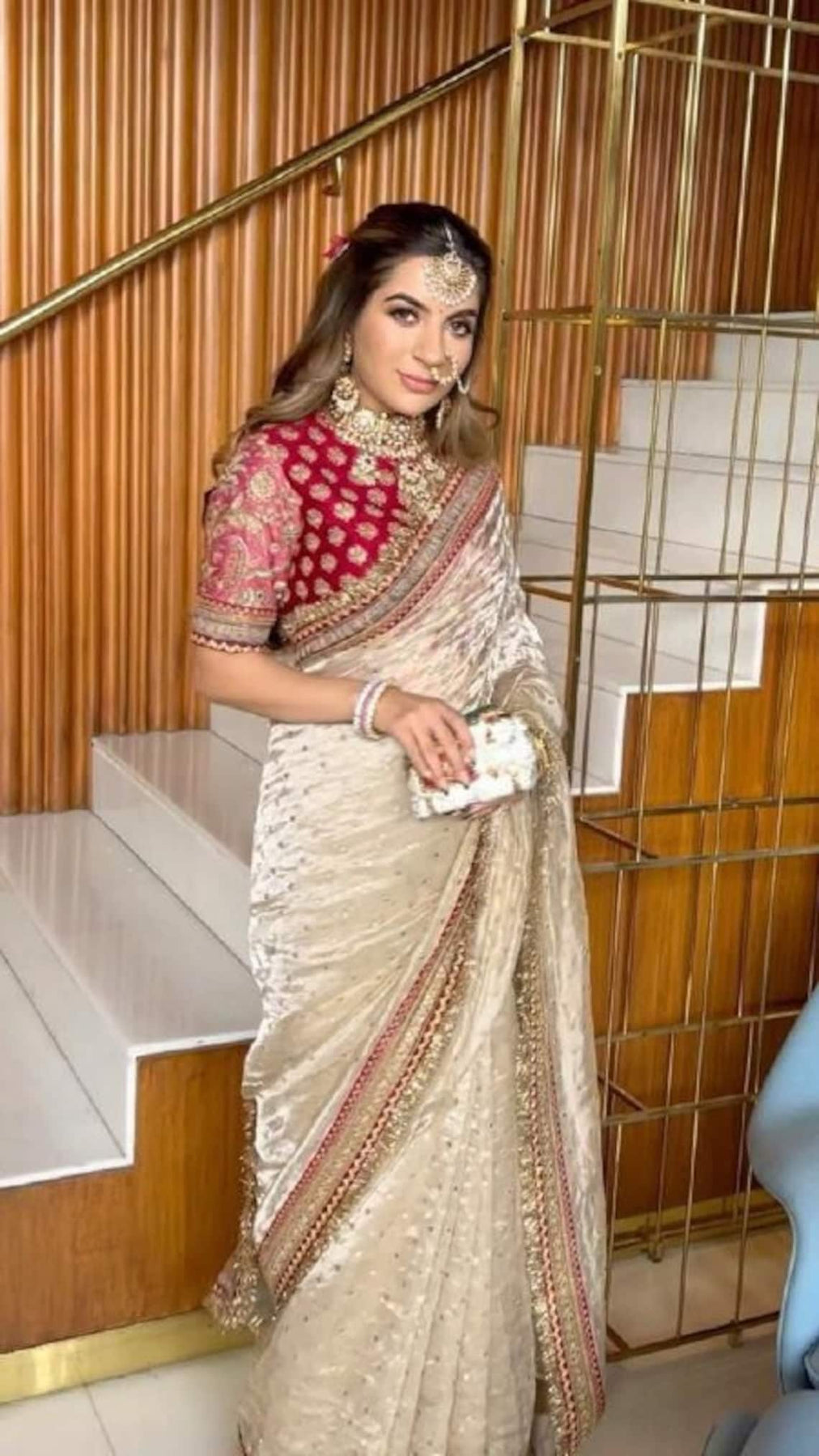 Off White Organza Ilk With Embroidery Thread + Sequence Butti Work Saree