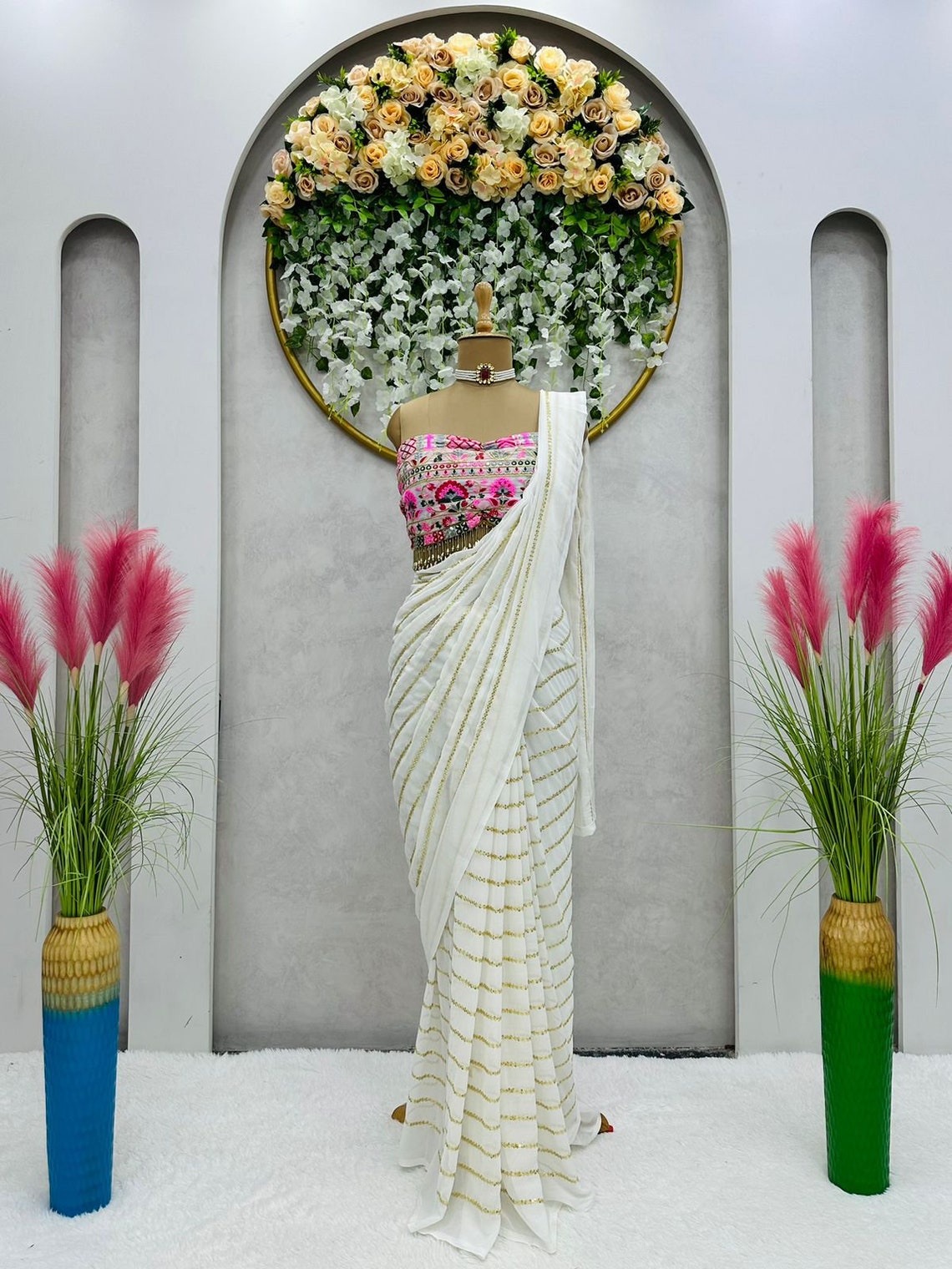 White georgette thread sequence work saree with heavy designer blouse