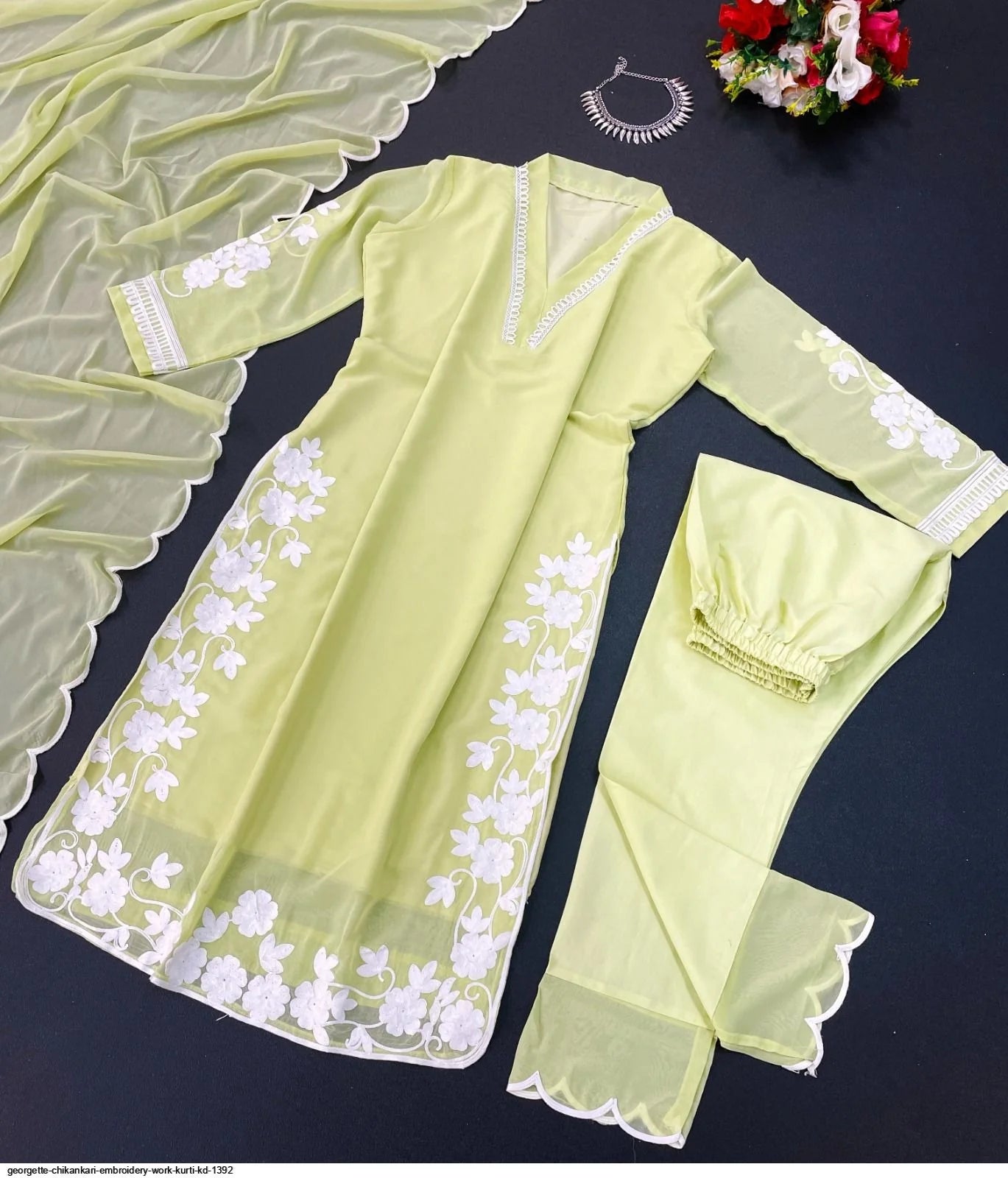 Luxurious Chikankari Embroidered Faux Georgette Top & Pant with dupatta Set