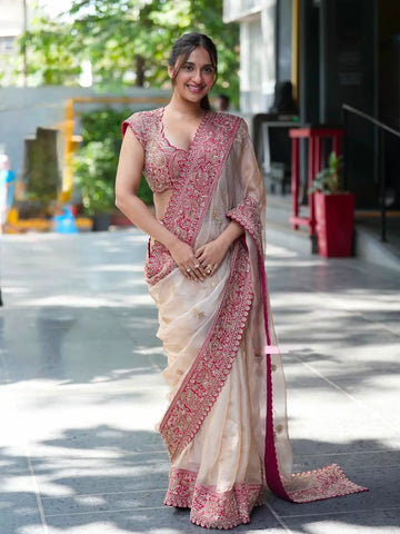 Glass Organza Silk Saree with Embroidered Blouse