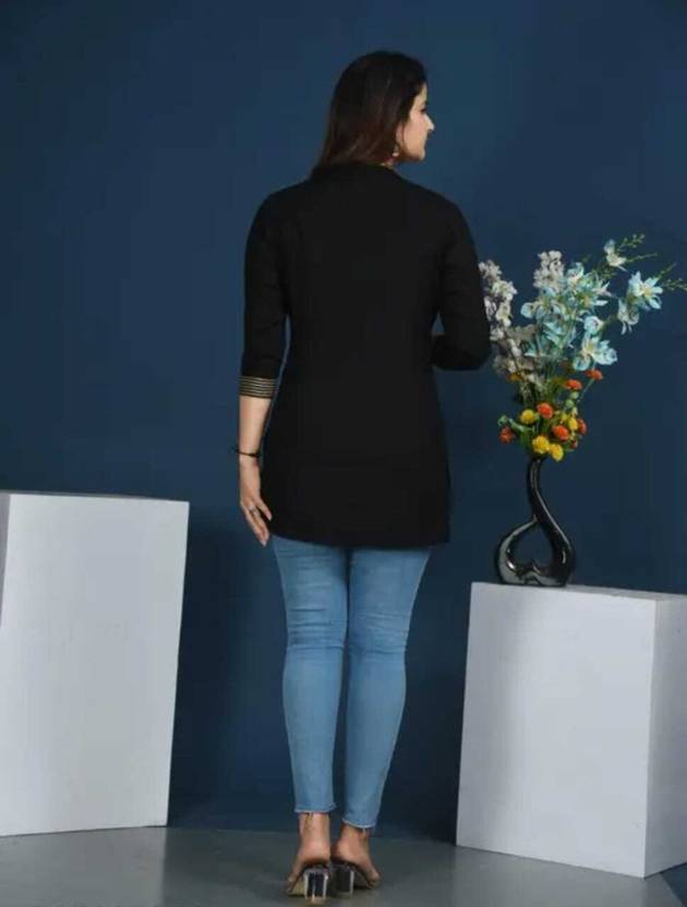 Casual Regular Sleeves Printed Women Black Top